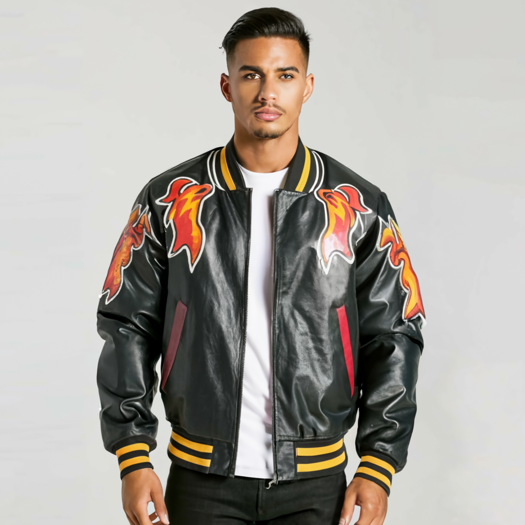 A striking fashion photo showcasing a trendy varsity jacket, perfect for stylish outfits and casual wear, highlighting the latest in varsity jackets trends.