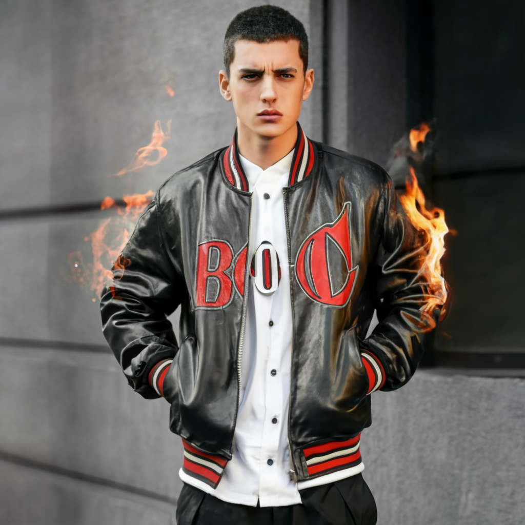 A striking fashion photo showcasing a trendy varsity jacket, perfect for stylish outfits and casual wear, highlighting the latest in varsity jackets fashion.