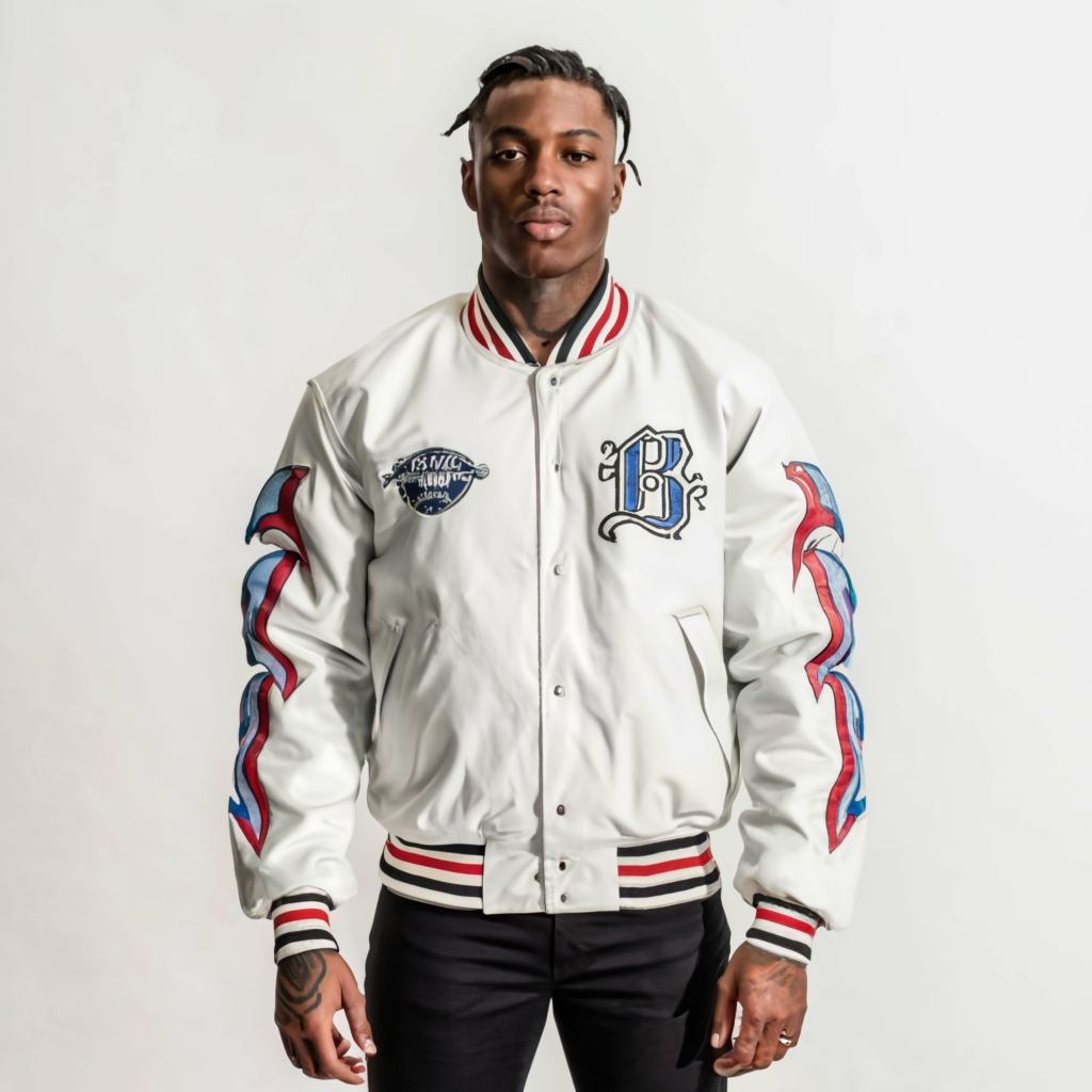 Alt attribute text: "Stylish all-white leather varsity jacket featuring 'BAPOTC' lettering, perfect for trendy fashion enthusiasts looking for varsity jackets."