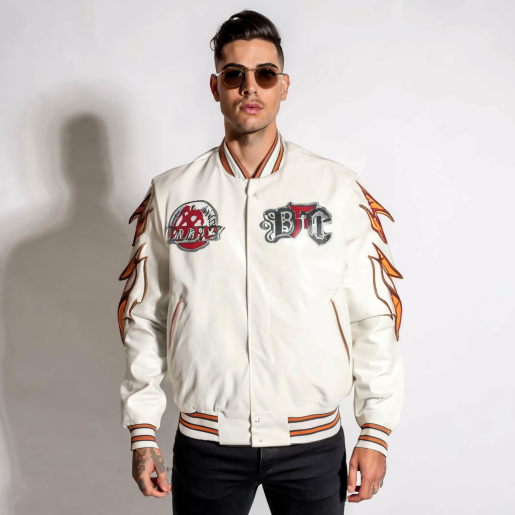 "Stylish all-white leather varsity jacket featuring BAPOTC branding, perfect for trendy fashion enthusiasts looking to elevate their wardrobe with varsity jackets."