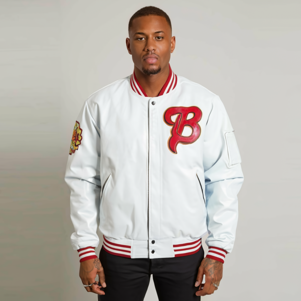 Alt attribute text: "Stylish all-white leather varsity jacket featuring 'BAPOTC' writing, perfect for trendy fashion enthusiasts looking for varsity jackets."