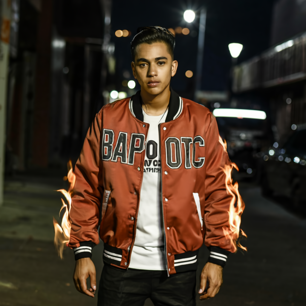 A stylish and edgy fashion photo showcasing trendy varsity jackets, perfect for making a bold statement in casual wear.